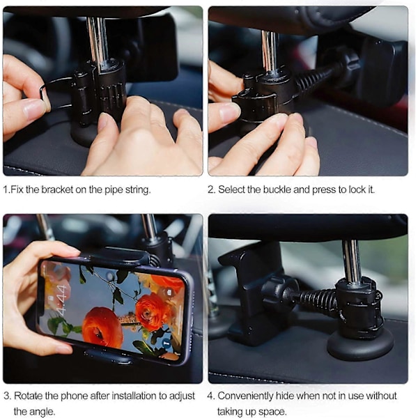 Bil Baksete Telefonholder Justerbar 360 Rotasjon Oppbevaringskroker Kompatibel med iPhone Galaxy Huawei Xiaomi Svart