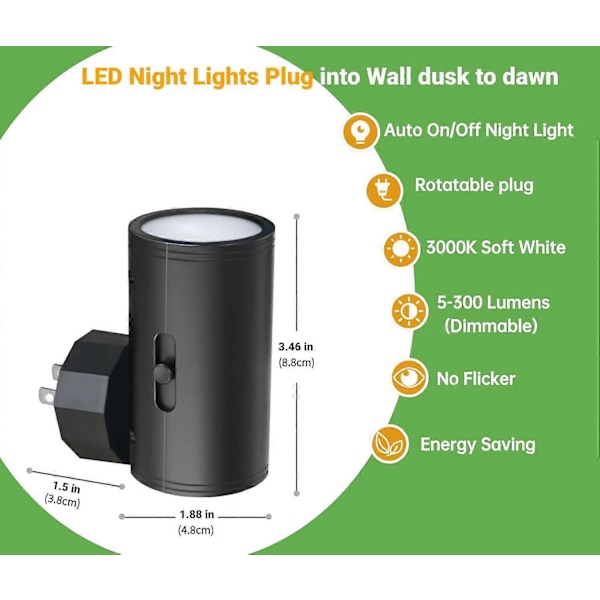 LED nattlys, veggmontert, skumring-til-daggry sensor, mykt hvitt