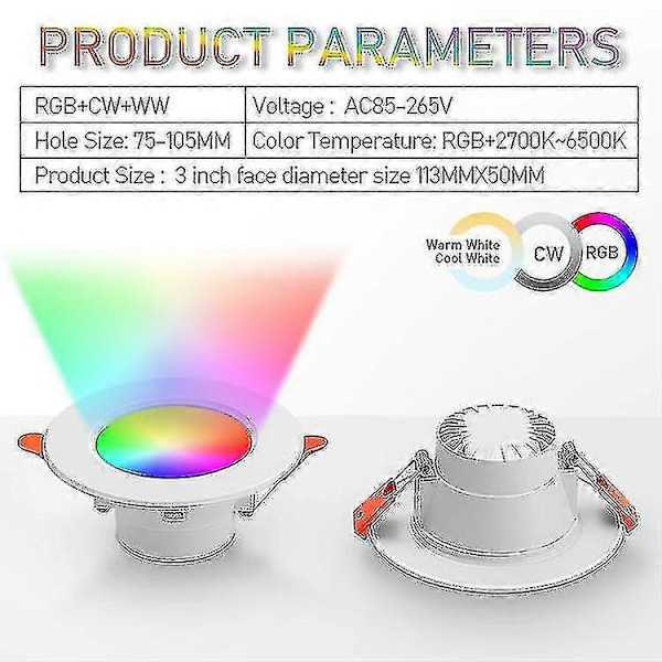 Pakker LED innfelt taklampe 10 W dimbar downlight 800 lm Rgb+cct+ac85 265v Bluetooth spotlight for stue