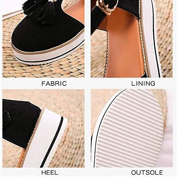 (Blå US 8.5) Dame Tassel Læder Lukket Tå Platform Sandaler Justerbar Ankelrem Spænde Anti Slip Komfortabel