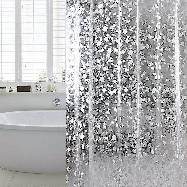 Bruseforhæng til badeværelse, Transparent 3D-sten, vandvaskbar, meldugfri, med 12 plastikøjer og kroge, til brusebad eller badekar i hjemmet (180 x 180 cm)