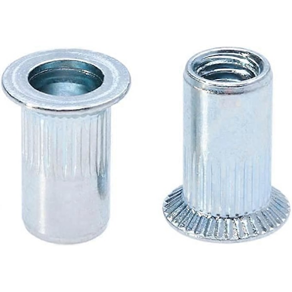 M6 blindkrympehylse, forsenket hode, riflet rundt skaft, åpen gjenget innsats, 6mm riflet sinkbelagt stål, blindmutter for stål, legering, kobber, plast, fi