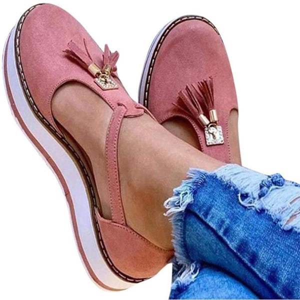 (Pink US 7) Dame Tassel Læder Lukket Tå Platform Sandaler Justerbar Ankelrem Spænde Anti Slip Komfortabel