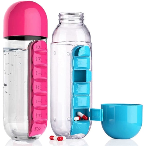 Bærbar 2-i-1 Pilleæske/Flaske - 600ml (Blå & Pink)