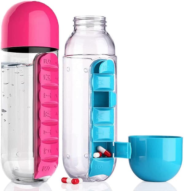 Bärbar 2-i-1 Pillerask/Flaska - 600ml (Blå & Rosa)