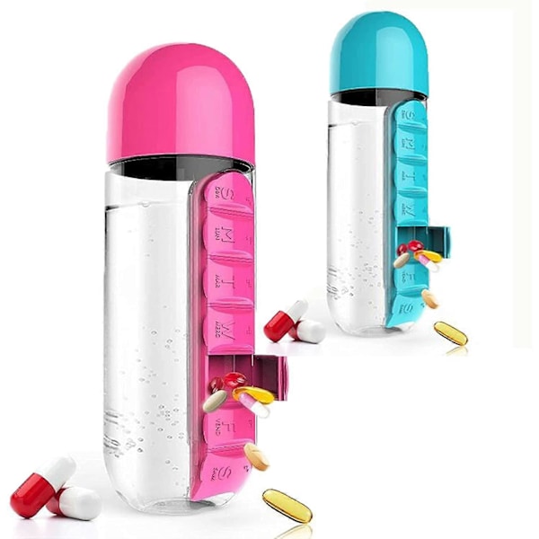Kannettava 2-in-1 Pillerirasia/Pullo - 600ml (Sininen & Pinkki)