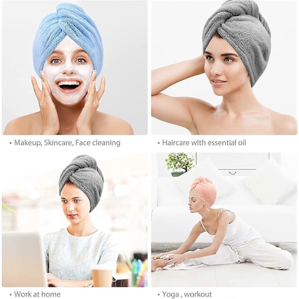 3-pack Superabsorberande Mikrofiber Handdukar med Knappar för Torrt Hår (Grå, Rosa, Blå)