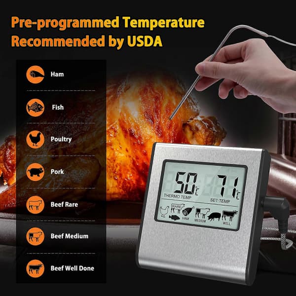 Digital Kötttermometer med Stor LCD-Display för Rökugn Kök Godis BBQ Grilltermometer med Timer och Temperaturprob i Rostfritt Stål