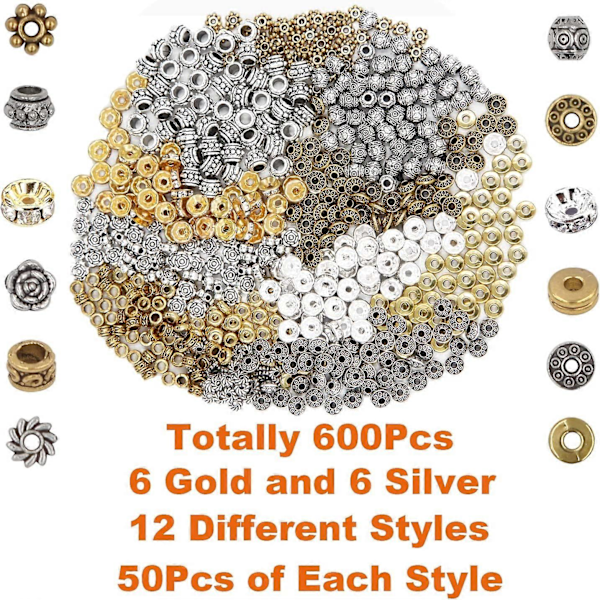 600 stk. Spacer Perler Smykker Perle Charm Spacere Legering Spacer Perler til Smykkefremstilling DIY Armbånd Halskæde og Håndværk (12 Stilarter, Sølv og Guld)