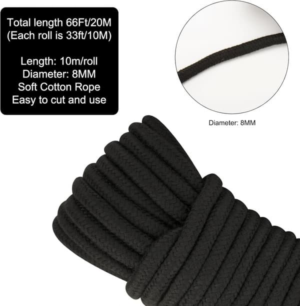 Mjukt bomullsrep 8MM tjockt svart bomullsrep 2-pack 33 fot/10M bomullssnöre för