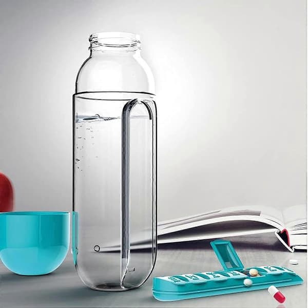 Bærbar 2-i-1 Pilleboks/Flaske - 600ml (Blå & Rosa)