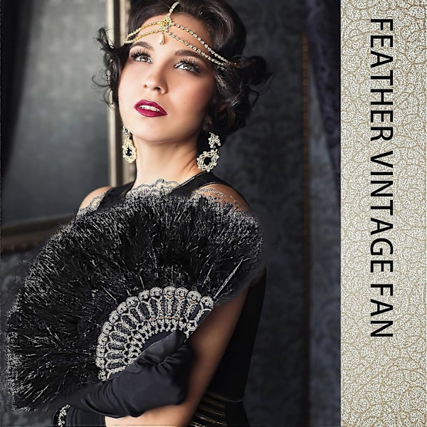 Naisten 20-luvun sulkaviuhka, musta viuhka 1920-luvun teemajuhliin, kannettava viuhka vintage-teemajuhliin, syntymäpäiville, uudelle vuodelle, cocktailtilaisuuksiin, häihin 20-luvulla