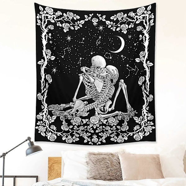 The Kissing Lovers Skull Gobelin, Sort og Hvid Romantisk Konstellation Skelet Gobeliner Vægophæng dekoration til Stue Soveværelse (51.2x 59.1)