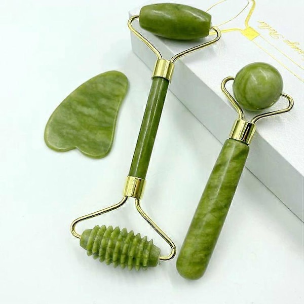 Jade Roller til Ansigt - 3 i 1 Sæt med Ansigtsmassageværktøj, Ægte Naturlig Jade Sten Ansigtsrulle Anti-Aging, Ansigts Skønhedssæt til Øjne Anti-Rynke