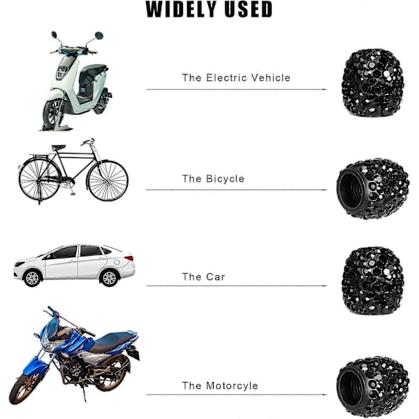 4 stk. sorte dækventilhætter, håndlavede rhinestone glitter bildæk hætter bling ventilspindeldæksler til biler, lastbiler, motorcykler