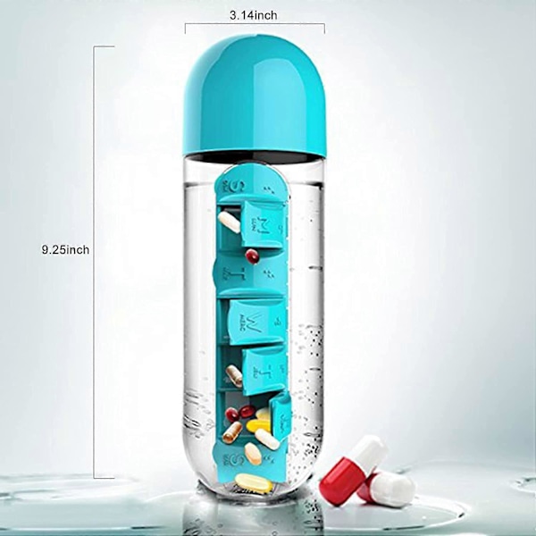 Bærbar 2-i-1 Pilleboks/Flaske - 600ml (Blå & Rosa)