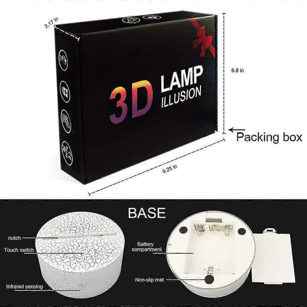 LED 3D Belyst Lampe, Optisk Illusion, Skrivebordsnatlampe med 7 Farveskift