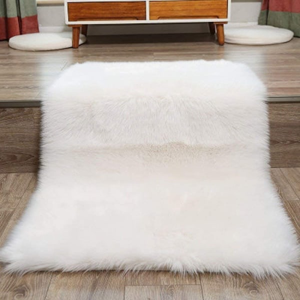 White Area Rug,Artificial Sheepskin Bedroom Rug,Plush Rug