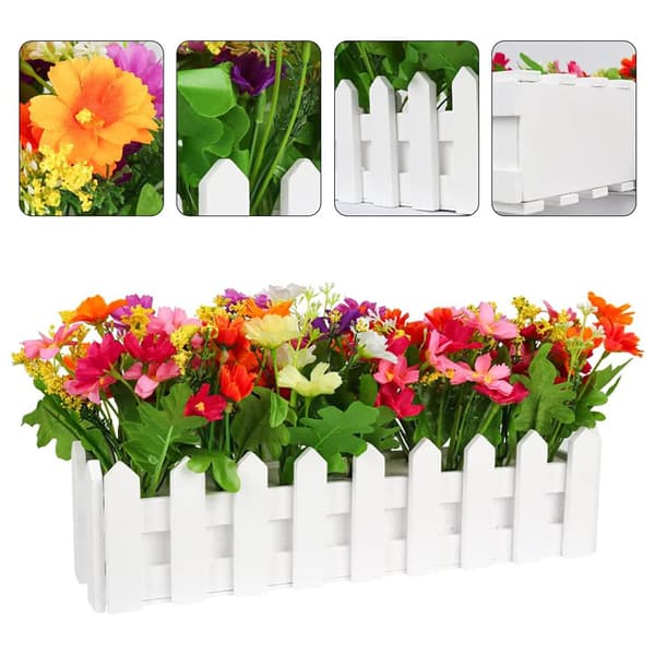 Konstgjorda blommor i kruka, 2 dekorativa blommor med trästaket