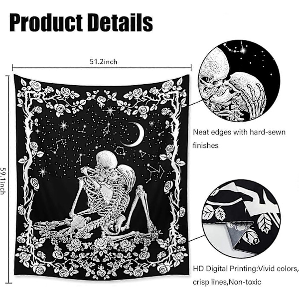The Kissing Lovers Skull Tapestry, Svartvit Romantisk Konstellation Skelett Gobelänger Väggbonad dekor för Vardagsrum Sovrum (51.2x 59.1)