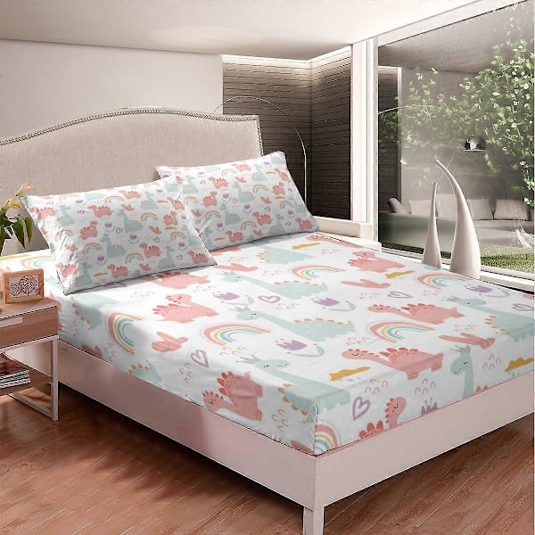 1 Set Tecknat Dino-Lakan Set för Barn med Söt Djungel Dino-Design i Rosa Grön King Size