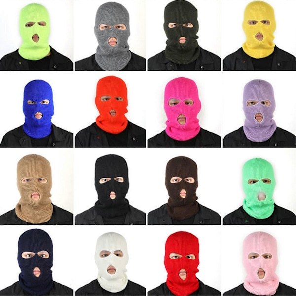 (Lyseblå) Vinter Unisex Strikket Hue Tre Huller Ensfarvet Hel Ansigt Balaclava Dome Strikket Ansigtsdækning Hue til Udendørs Cykling Sky Blue