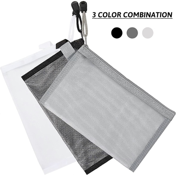 3-pak Gennemsigtige Mesh Penalhuse med Lynlås til Makeup og Blyanter til Kvinder - 21 x 12 cm, Sort Hvid Grå
