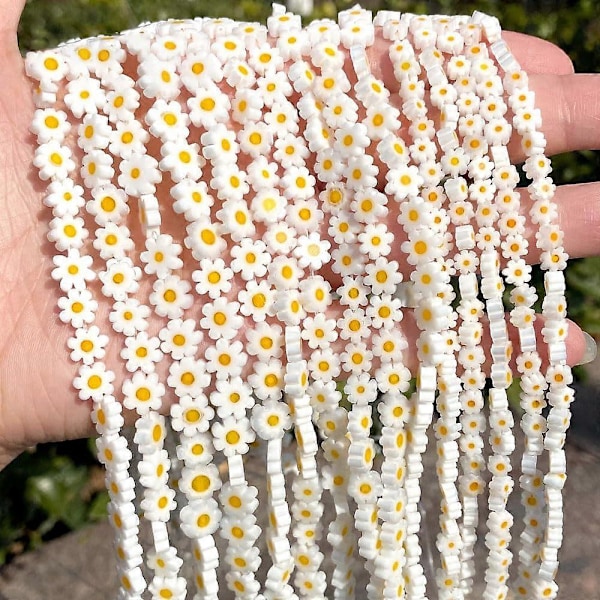 60 stk. Glassperler Håndlagde Hvite Tusenfrydblomster Små Flate Krystall Løse Avstandsperler for Smykkelaging DIY Håndverk