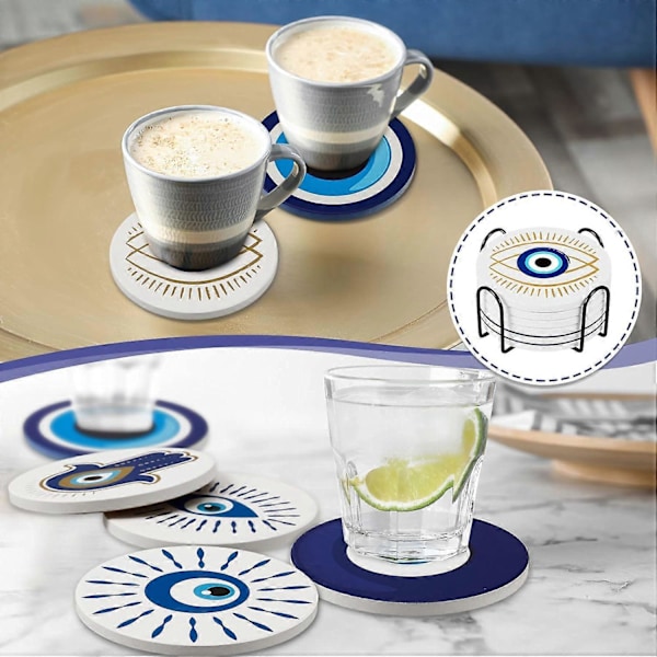 Sæt med 6 keramiske coasters, rundt design, absorberende kopmåtte til drikkevarer