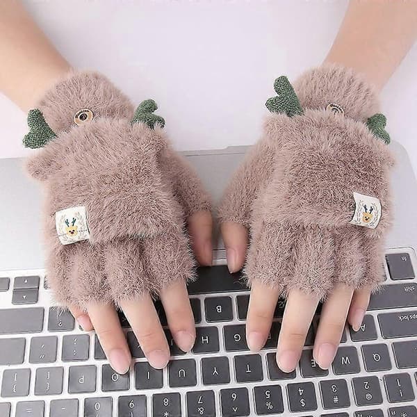 USB Vendbare Opvarmede Handsker Vinter Efterår Strikkede Halvfingerklap Faux Mink Hjortehandsker, A