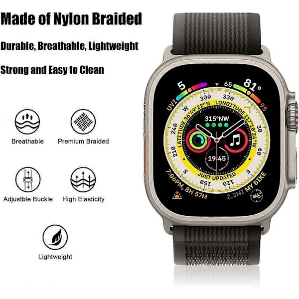 Sort Grå Trail Loop Rem Kompatibel med Apple Watch Ultra 49/45/44/42mm, Erstatningsrem Kompatibel med iWatch Serie 8/7/6/5/4/3/2/1/SE