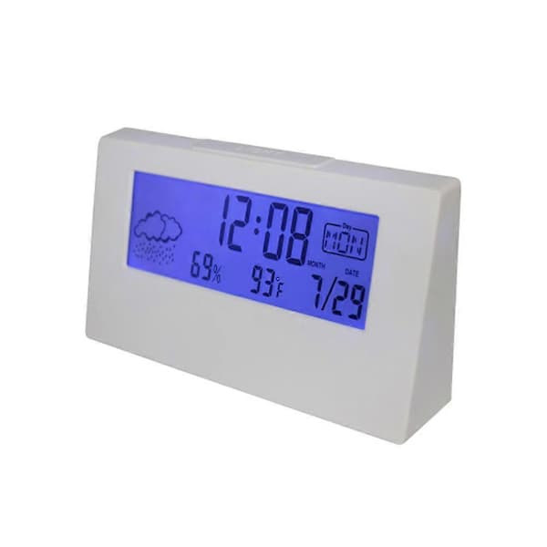 Student LCD Väderdisplay Bordsklocka Temperatur Luftfuktighet Snooze Alarm Multifunktionell Elektronisk Klocka (Vit)