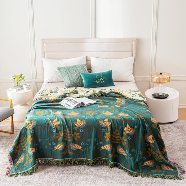 MSGKV Boho Plaid 152x203 cm, 100% Bomuldstæpper til Sofa Seng, Bomuldsquilt Rejse Musselin Tæpper Bondegårdsindretning Blød Letvægts Picnic