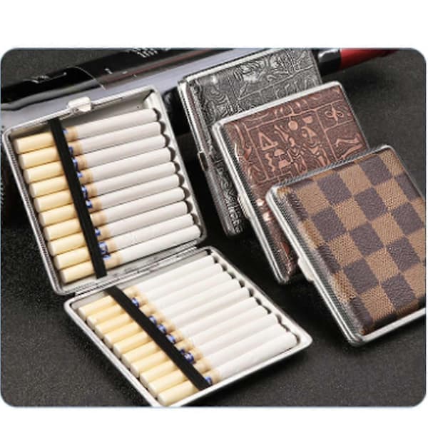 (Elastikmodel - sort mønster flad panel) To stykker Læder Cigaretetui Holder Kan Rumme 20 Cigaretter