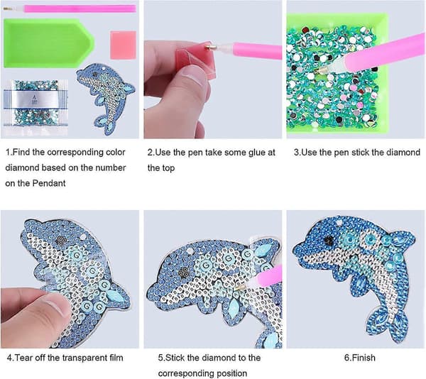 5 Stykker 5D DIY Delfin Diamantmaleri Nøgleringe, Rhinestone DIY Dobbeltsidet 5D Diamant Indsat Maleri Komplet Nøglering Vedhæng til Rygsæk Hånd