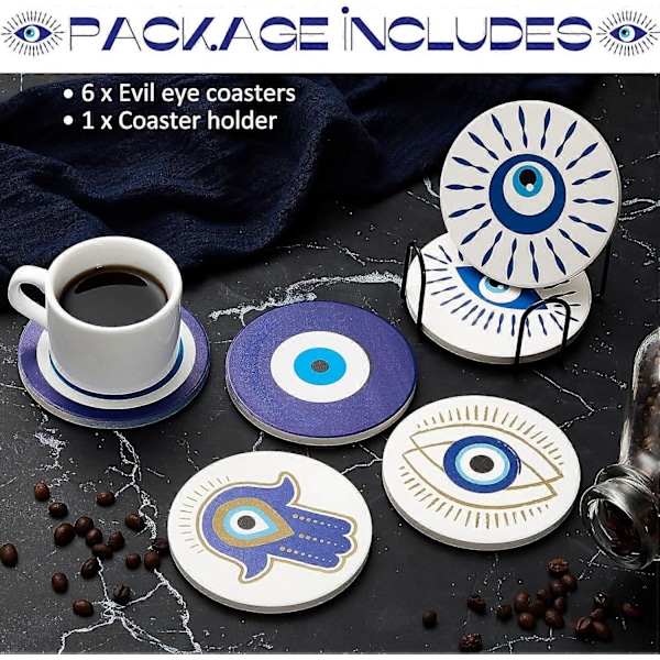 Sæt med 6 keramiske coasters, rundt design, absorberende kopmåtte til drikkevarer
