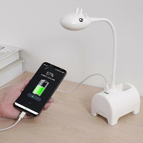 Rosa LED Skrivebordslampe for Barn, Trefarget Dimbar Skrivebordslampe, Berøringsbryter/USB-tilkobling/Pennholder, Leselampe for Barnerom, Studier, Arbeid