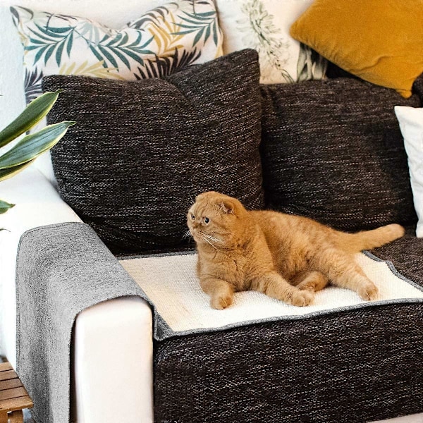 Klösmatta för Katter - Skydd för Soffa Fåtölj Möbler Golv Vägg - Sisal och Linne Matta - 130 x 45cm - Lämplig för Katt Kattunge Hund (Ljusgrå - vit