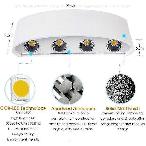 8w LED Væglampe - Udendørs Væglampe Ip65 Justerbar Op og Ned Væglampe Hvid til Hjem Soveværelse Stue Gang Trappe