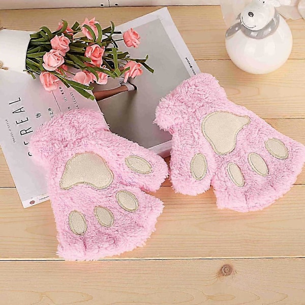 Söta Kattasshandskar Mjuka Varma Fingerlösa Cosplay Faux Fur Plysch Kawaii för Vintern