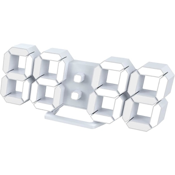 Valkoinen 3D LED digitaalinen seinäkello Suuri valoisa herätyskello Hiljainen torkkutoiminto Säädettävä kirkkaus 12/24 tunnin päivämäärä/lämpötilanäyttö toimistoon