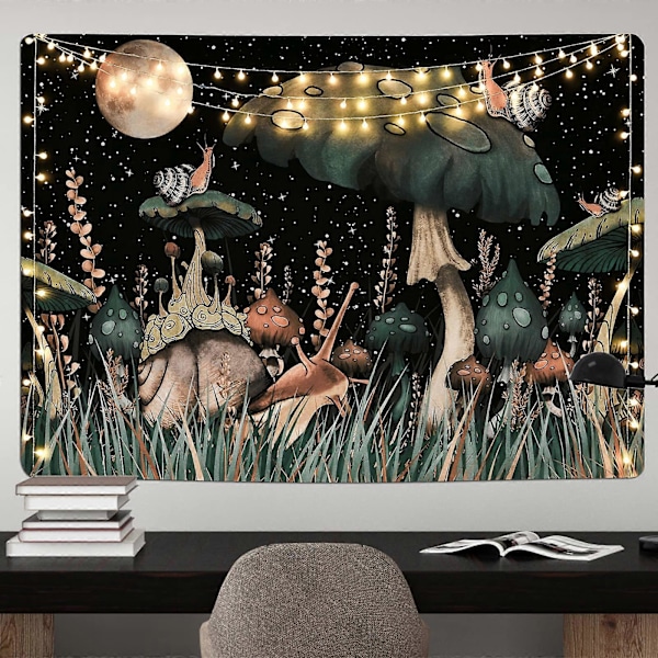 Mushroom Tapestry Svart Skog Snigel Hängande Måne Stjärnor Växter Väggtyg Väggkonst Tapestry för Sovrum Vardagsrum 150x130cm