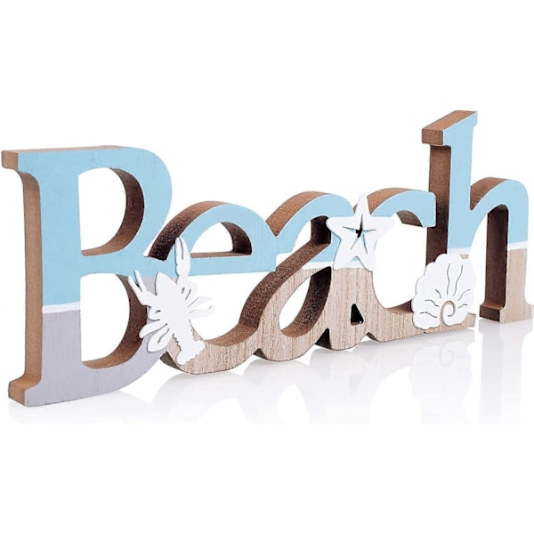 Fritstående træskilt med strandtema 39,4 cm x 15,2 cm til sommerhus eller rum med kysttema - Ocean, muslingeskaller og søstjerner som stranddekorationer til hjemmet - Strandbadeværelse