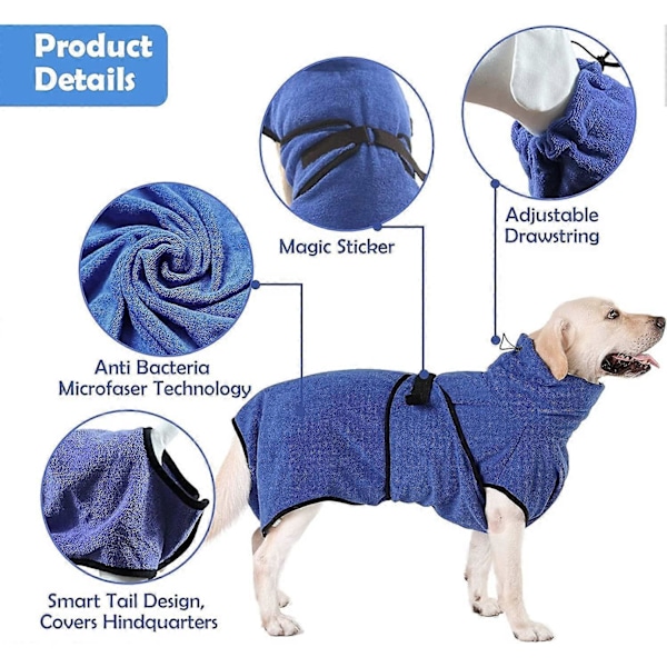 Vaskbar Mikrofiber Hundebadekåbe Hurtigtørrende Pyjamas Absorberende Håndklæde Kæledyrsfrakke (S, Blå)