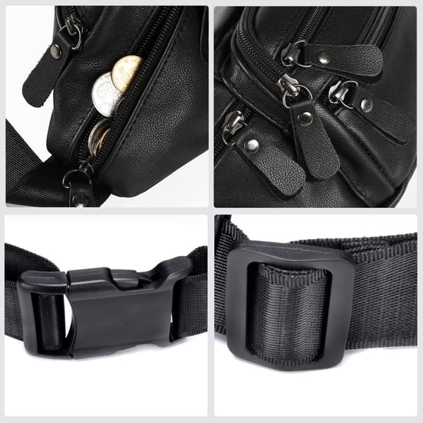 Læder Fanny Pack til kvinder og mænd, ægte taljetaske til vandreture, rejser, løb - sort