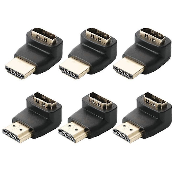6-pakning Rettvinklet HDMI-kontakt, 90 graders og 270 graders HDMI hann til hunn adapter, Rettvinklet høyhastighets HDMI-adapter, 90 grader og 270 grader