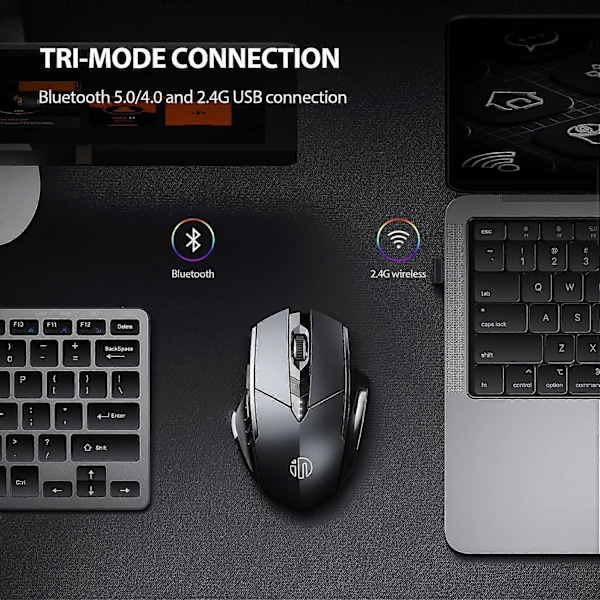 Tyst, uppladdningsbar Bluetooth-mus (tri-mode: BT 5.0/4.0 + 2.4G), synlig batterinivå, grå