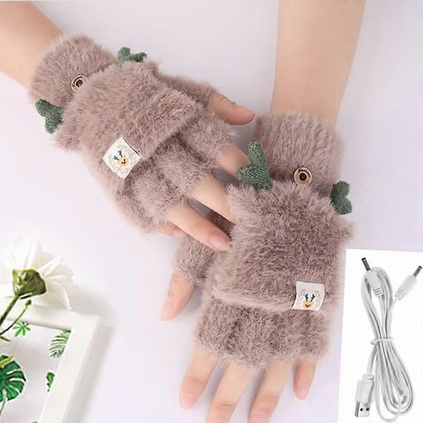 USB Vendbare Opvarmede Handsker Vinter Efterår Strikkede Halvfingerklap Faux Mink Hjortehandsker, A