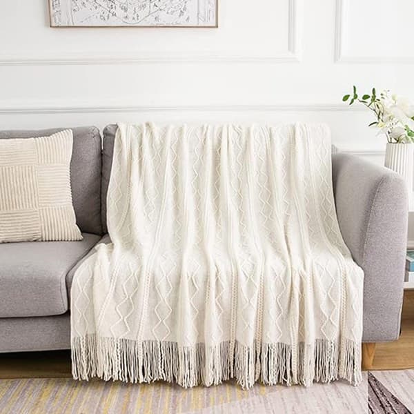 Boho plaid, blødt strik med kvast, cremefarvet, 130*200CM
