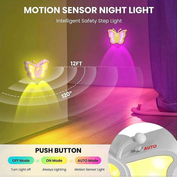 Butterfly Nattlampe for Barn - Oppladbare LED Nattlamper med Bevegelsessensor, 2 stk.